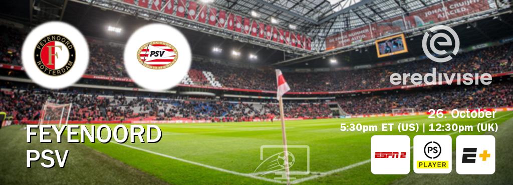 You can watch game live between Feyenoord and PSV on ESPN2(AU), Premier Player(UK), ESPN+(US). You can watch game live between Feyenoord and PSV on ESPN2(AU), Premier Player(UK), ESPN+(US).