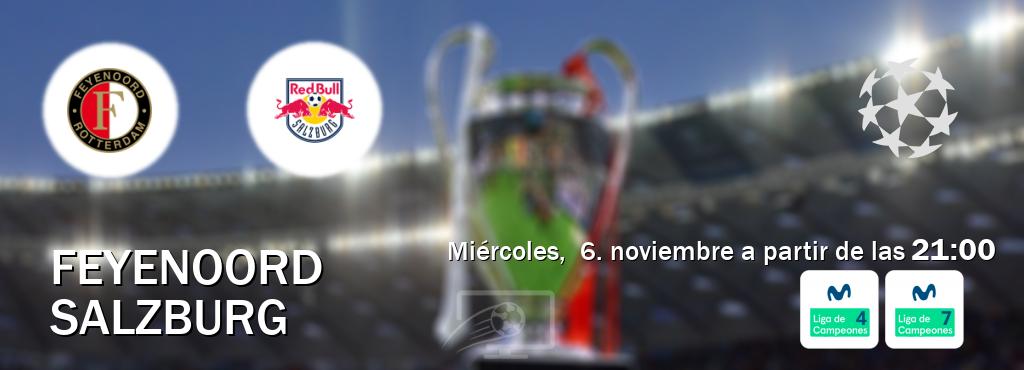 El partido entre Feyenoord y Salzburg será retransmitido por Movistar Liga de Campeones 4 y Movistar Liga de Campeones 7 (miércoles,  6. noviembre a partir de las  21:00).