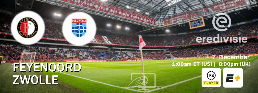 You can watch game live between Feyenoord and Zwolle on Premier Player(UK) and ESPN+(US). You can watch game live between Feyenoord and Zwolle on Premier Player(UK) and ESPN+(US).