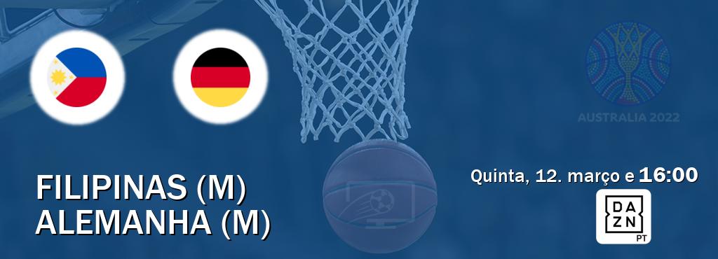 Jogo entre Filipinas (M) e Alemanha (M) tem emissão DAZN (quinta, 12. março e  16:00).