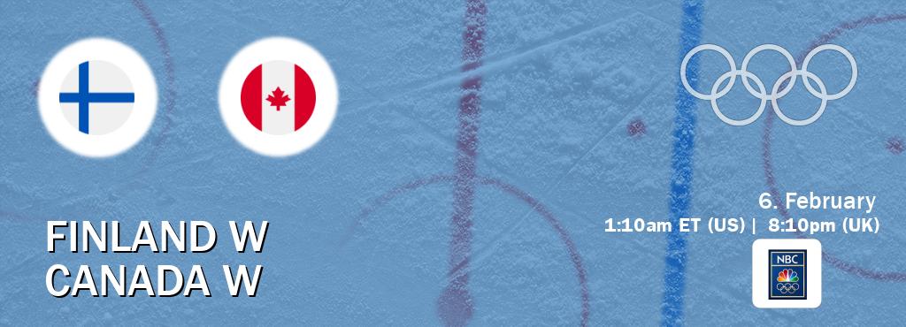You can watch game live between Finland W and Canada W on NBC Olympics(US).