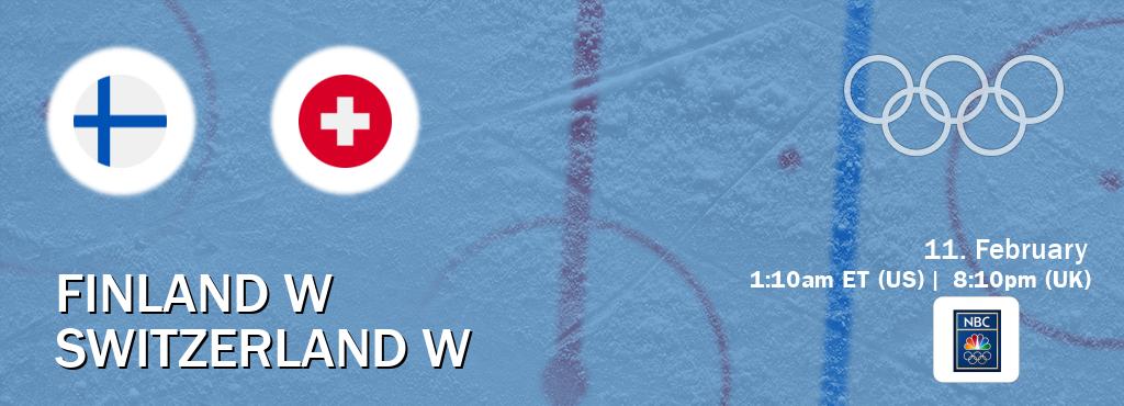 You can watch game live between Finland W and Switzerland W on NBC Olympics(US).