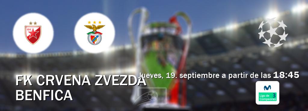 El partido entre FK Crvena zvezda y Benfica será retransmitido por Movistar Liga de Campeones 3 (jueves, 19. septiembre a partir de las  18:45).