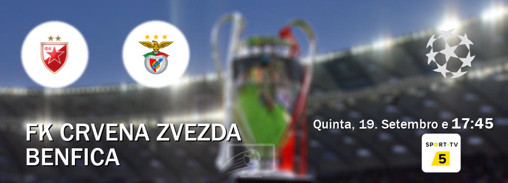 Jogo entre FK Crvena zvezda e Benfica tem emissão Sport TV 5 (Quinta, 19. Setembro e  17:45).