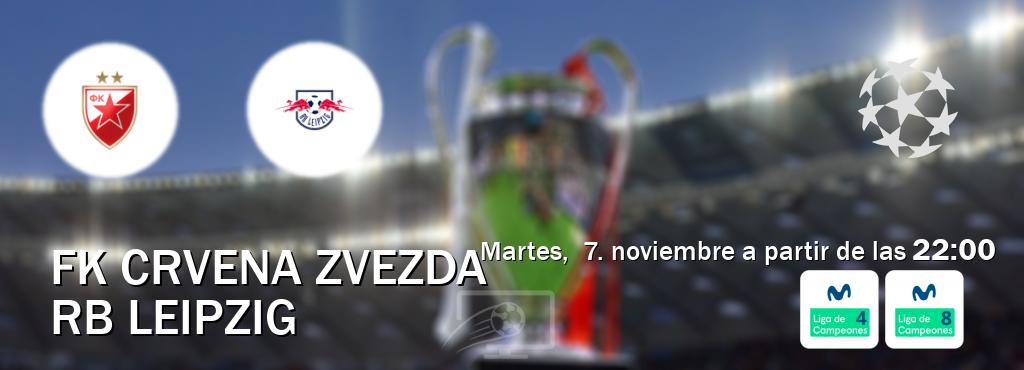 El partido entre FK Crvena zvezda y RB Leipzig será retransmitido por Movistar Liga de Campeones 4 y Movistar Liga de Campeones 8 (martes,  7. noviembre a partir de las  22:00).