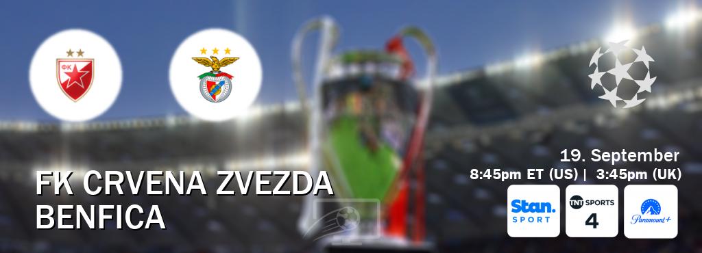 You can watch game live between FK Crvena zvezda and Benfica on Stan Sport(AU), TNT Sports 4(UK), Paramount+(US).