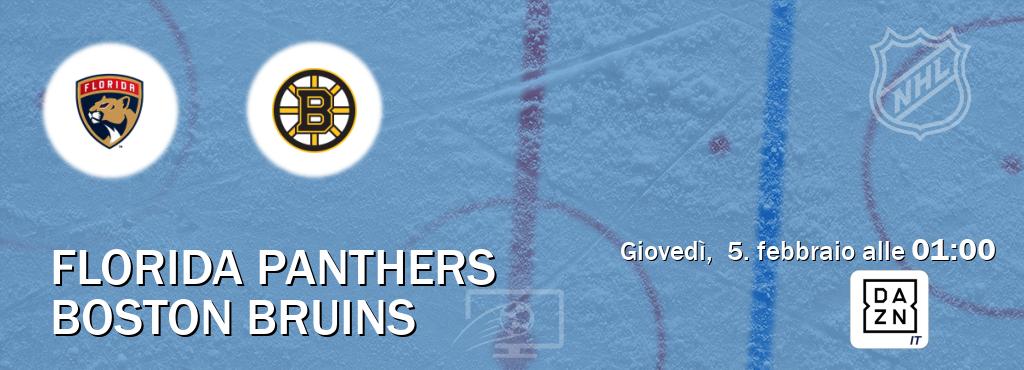 Il match Florida Panthers - Boston Bruins sarà trasmesso in diretta TV su DAZN Italia (ore 01:00)