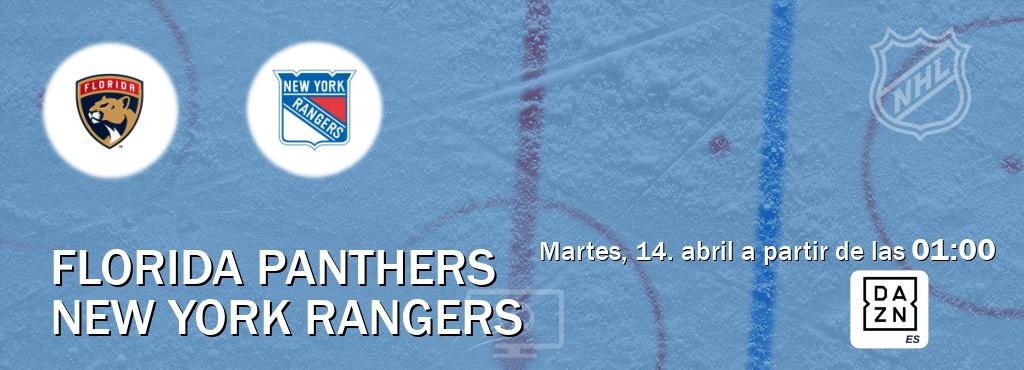 El partido entre Florida Panthers y New York Rangers será retransmitido por DAZN España (martes, 14. abril a partir de las  01:00).