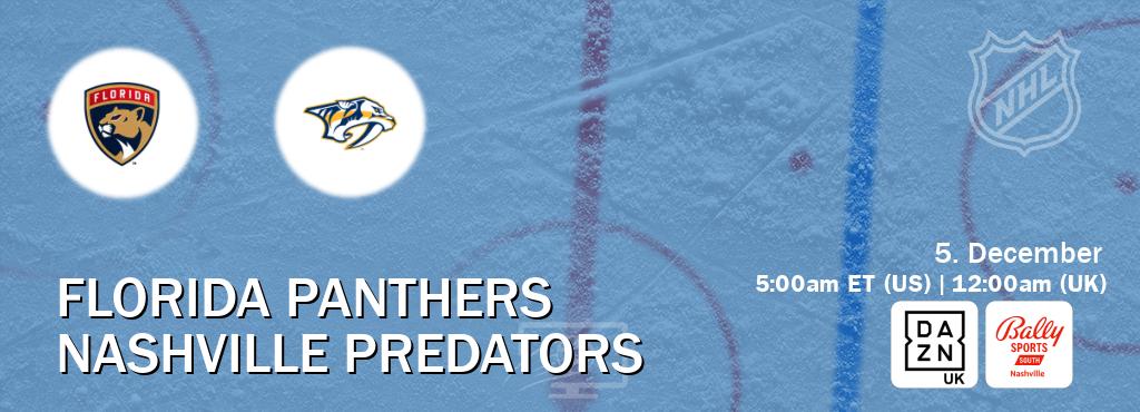You can watch game live between Florida Panthers and Nashville Predators on DAZN UK(UK) and Bally Sports Nashville(US). You can watch game live between Florida Panthers and Nashville Predators on DAZN UK(UK) and Bally Sports Nashville(US).