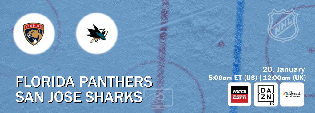 You can watch game live between Florida Panthers and San Jose Sharks on WatchESPN(AU), DAZN UK(UK), NBCS California(US).