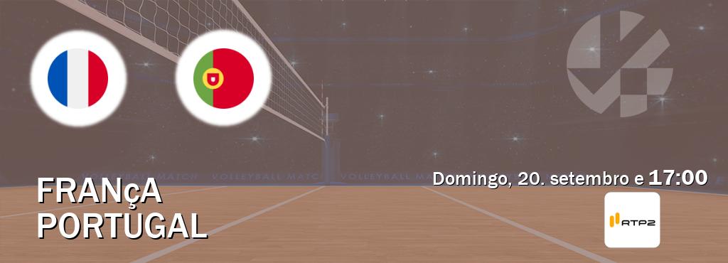Jogo entre França e Portugal tem emissão RTP 2 (domingo, 20. setembro e 17:00). Jogo entre França e Portugal tem emissão RTP 2 (domingo, 20. setembro e 17:00).