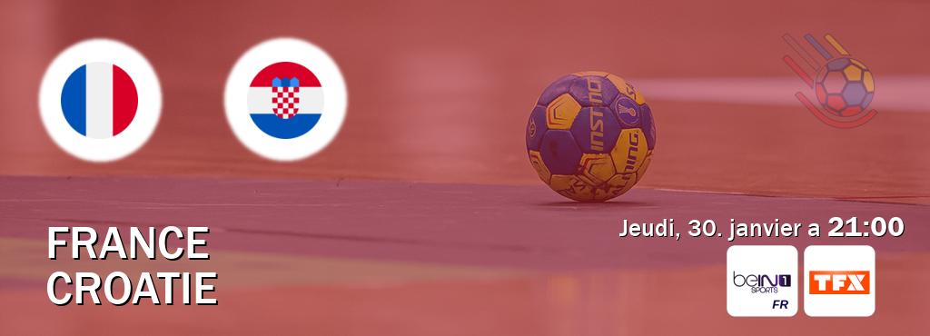 Match entre France et Croatie en direct à la beIN Sports 1 et TFX (jeudi, 30. janvier a  21:00).