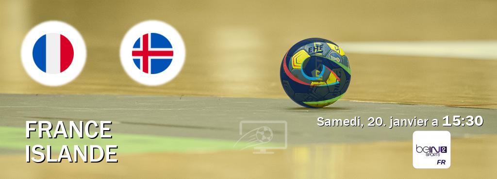 Match entre France et Islande en direct à la beIN Sports 2 (samedi, 20. janvier a  15:30).