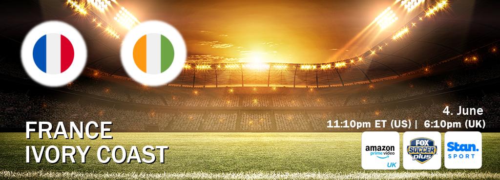 You can watch game live between France and Ivory Coast on Amazon Prime Video UK(UK), Fox Soccer Plus(US), Stan Sport(AU).
