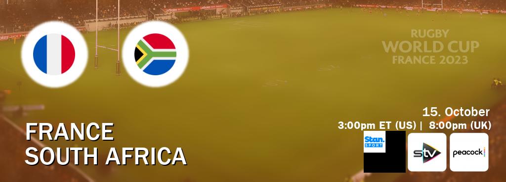 You can watch game live between France and South Africa on Stan Sport(AU), STV(UK), Peacock(US).