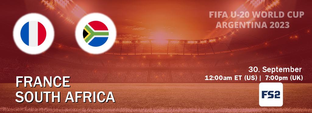 You can watch game live between France U20 and South Africa U20 on FOX Sports 2(US).
