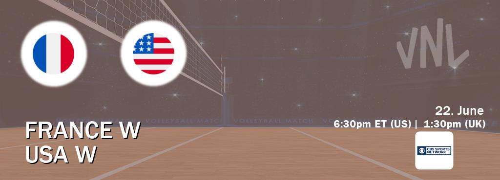 You can watch game live between France W and USA W on CBS Sports Network(US). You can watch game live between France W and USA W on CBS Sports Network(US).