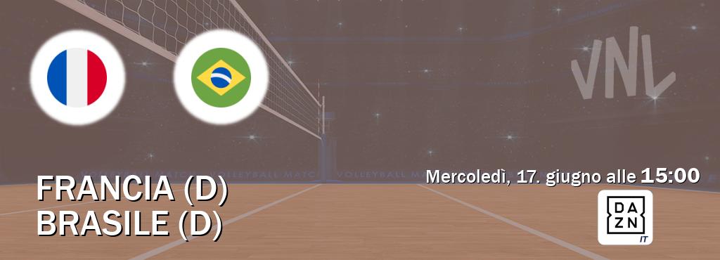 Il match Francia (D) - Brasile (D) sarà trasmesso in diretta TV su DAZN Italia (ore 15:00)