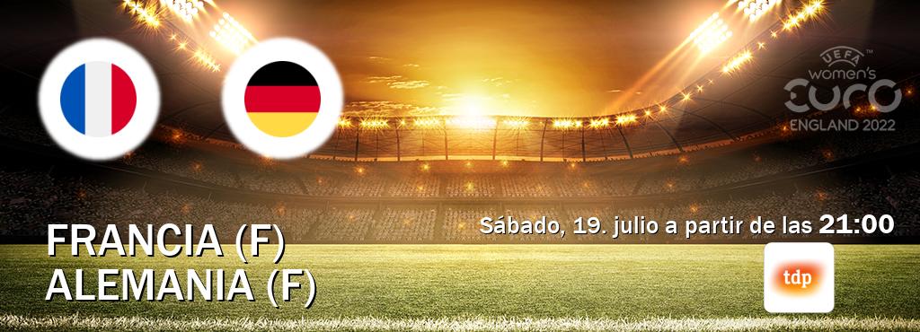 El partido entre Francia (F) y Alemania (F) será retransmitido por Teledeporte (sábado, 19. julio a partir de las 21:00). El partido entre Francia (F) y Alemania (F) será retransmitido por Teledeporte (sábado, 19. julio a partir de las 21:00).