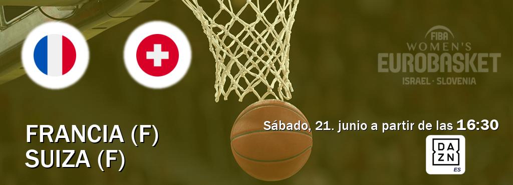 El partido entre Francia (F) y Suiza (F) será retransmitido por DAZN España (sábado, 21. junio a partir de las  16:30).