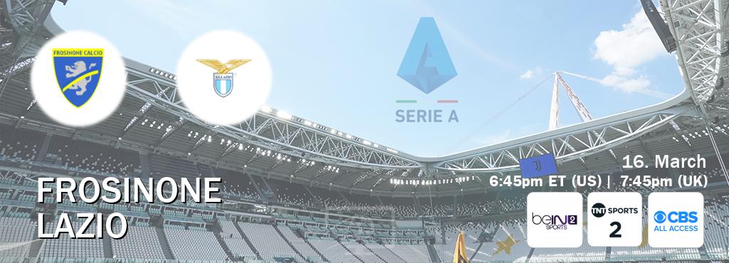 You can watch game live between Frosinone and Lazio on beIN SPORTS 2(AU), TNT Sports 2(UK), CBS All Access(US).