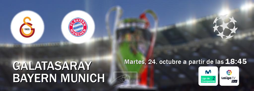 El partido entre Galatasaray y Bayern Munich será retransmitido por Movistar Liga de Campeones 2 y LaLigaTV Bar (martes, 24. octubre a partir de las  18:45).