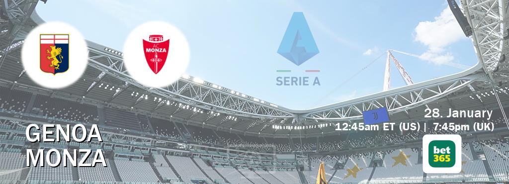 You can watch game live between Genoa and Monza on bet365(UK).