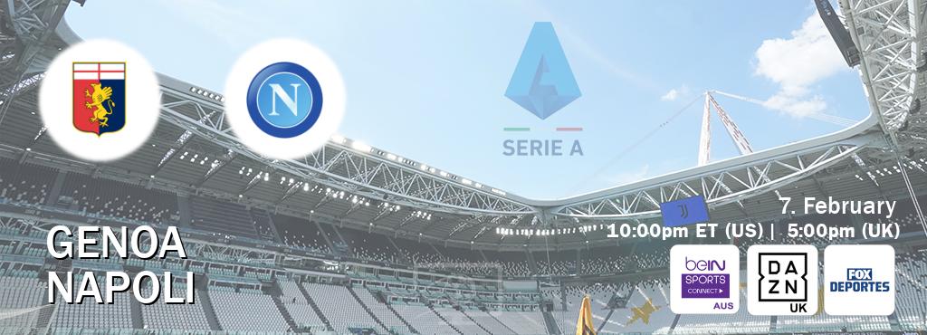 You can watch game live between Genoa and Napoli on beIN Sports Connect(AU), DAZN UK(UK), Fox Deportes(US).