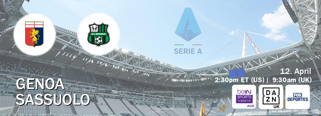 You can watch game live between Genoa and Sassuolo on beIN Sports Connect(AU), DAZN UK(UK), Fox Deportes(US).