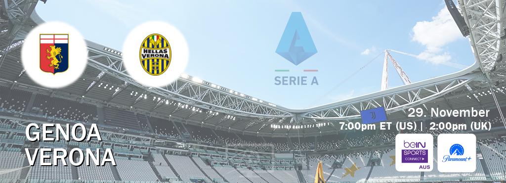 You can watch game live between Genoa and Verona on beIN Sports Connect(AU) and Paramount+(US). You can watch game live between Genoa and Verona on beIN Sports Connect(AU) and Paramount+(US).