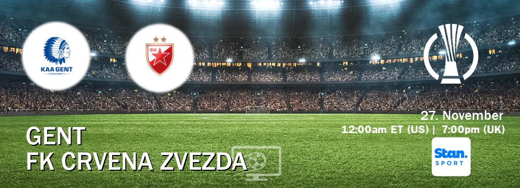 You can watch game live between Gent and FK Crvena zvezda on Stan Sport(AU). You can watch game live between Gent and FK Crvena zvezda on Stan Sport(AU).