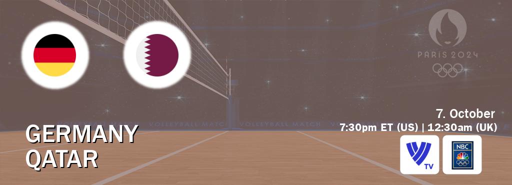 You can watch game live between Germany and Qatar on Volleyball TV and NBC Olympics(US).