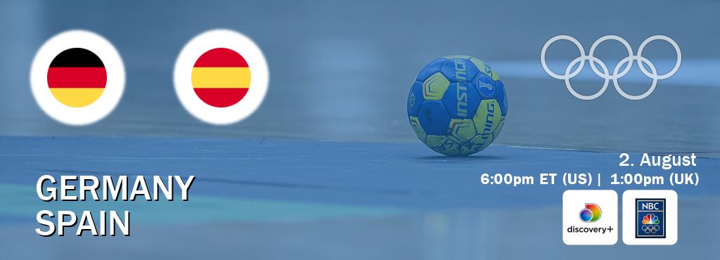 You can watch game live between Germany and Spain on Discovery +(UK) and NBC Olympics(US).