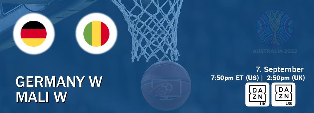 You can watch game live between Germany W and Mali W on DAZN UK(UK) and DAZN(US). You can watch game live between Germany W and Mali W on DAZN UK(UK) and DAZN(US).