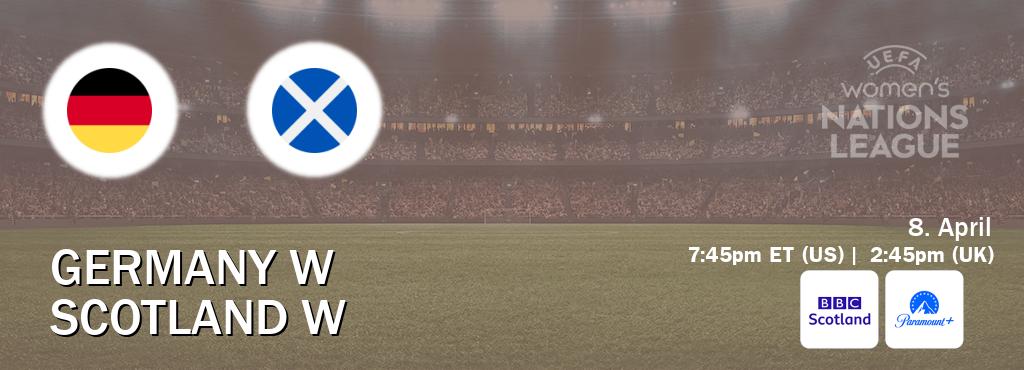 You can watch game live between Germany W and Scotland W on BBC Scotland(UK) and Paramount+(US). You can watch game live between Germany W and Scotland W on BBC Scotland(UK) and Paramount+(US).