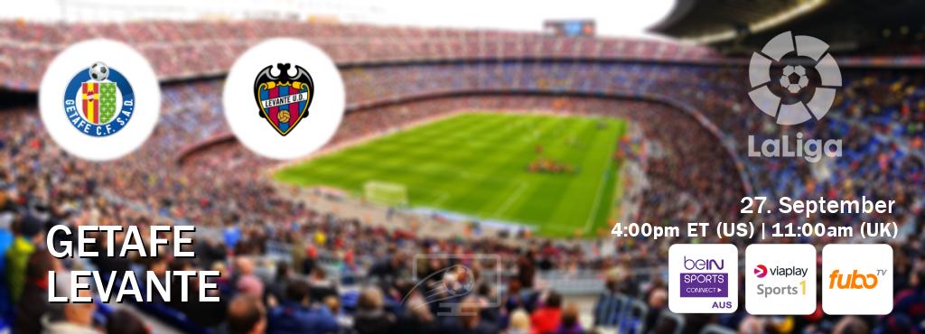 You can watch game live between Getafe and Levante on beIN Sports Connect(AU), Viaplay Sports 1(UK), fuboTV(US).