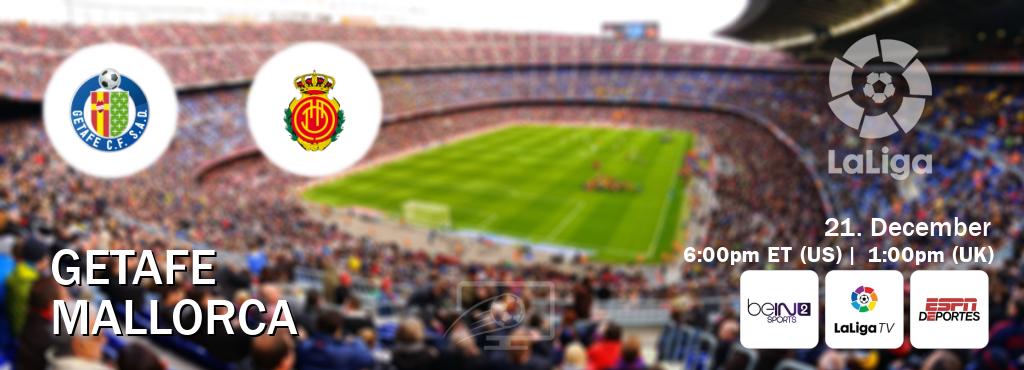 You can watch game live between Getafe and Mallorca on beIN SPORTS 2(AU), LaLiga TV(UK), ESPN Deportes(US).