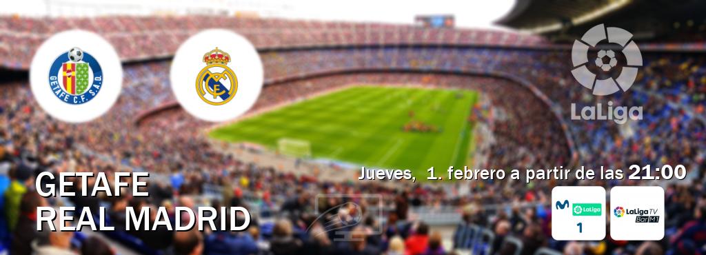 El partido entre Getafe y Real Madrid será retransmitido por M. LaLiga 1 y La Liga TV Bar M1 (jueves,  1. febrero a partir de las  21:00).