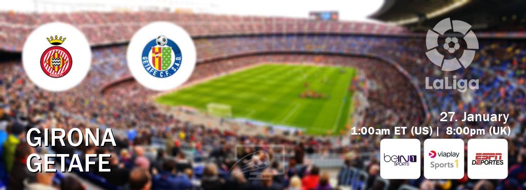 You can watch game live between Girona and Getafe on beIN SPORTS 1(AU), Viaplay Sports 1(UK), ESPN Deportes(US).