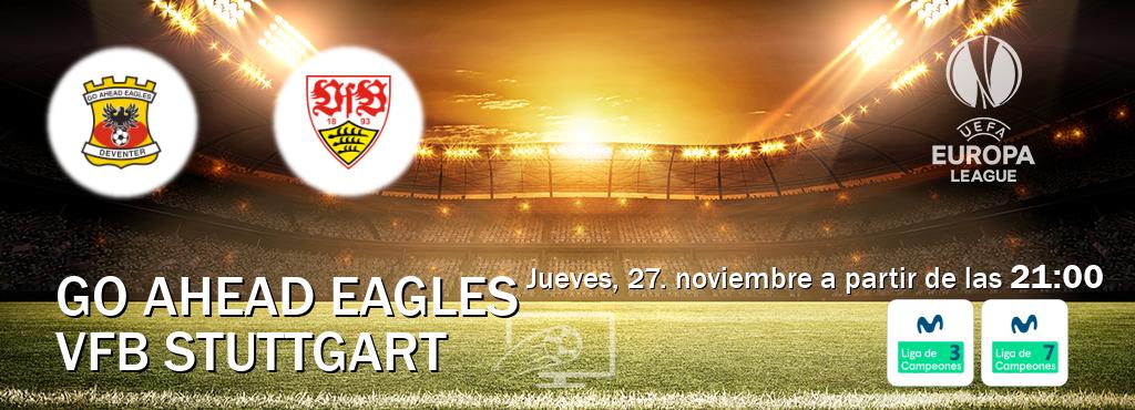El partido entre Go Ahead Eagles y VfB Stuttgart será retransmitido por Movistar Liga de Campeones 3 y Movistar Liga de Campeones 7 (jueves, 27. noviembre a partir de las 21:00). El partido entre Go Ahead Eagles y VfB Stuttgart será retransmitido por Movistar Liga de Campeones 3 y Movistar Liga de Campeones 7 (jueves, 27. noviembre a partir de las 21:00).
