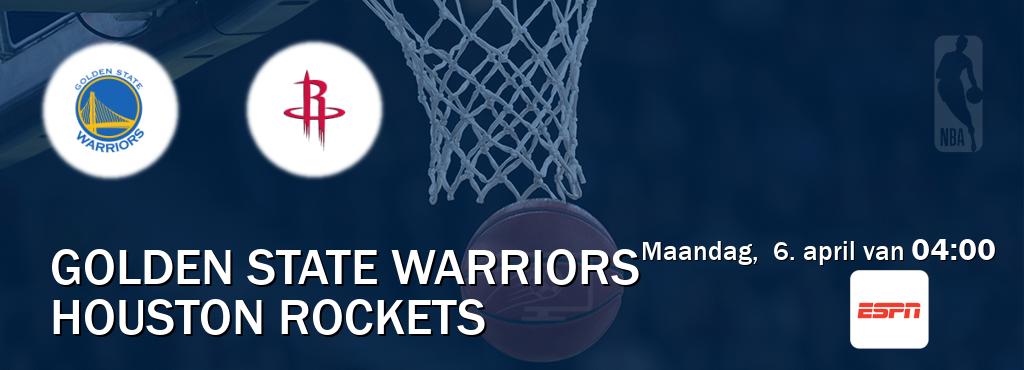 Wedstrijd tussen Golden State Warriors en Houston Rockets live op tv bij ESPN 1 (maandag, 6. april van 04:00). Wedstrijd tussen Golden State Warriors en Houston Rockets live op tv bij ESPN 1 (maandag, 6. april van 04:00).