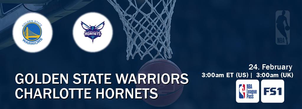 You can watch game live between Golden State Warriors and Charlotte Hornets on NBA League Pass and FOX Sports 1(US).