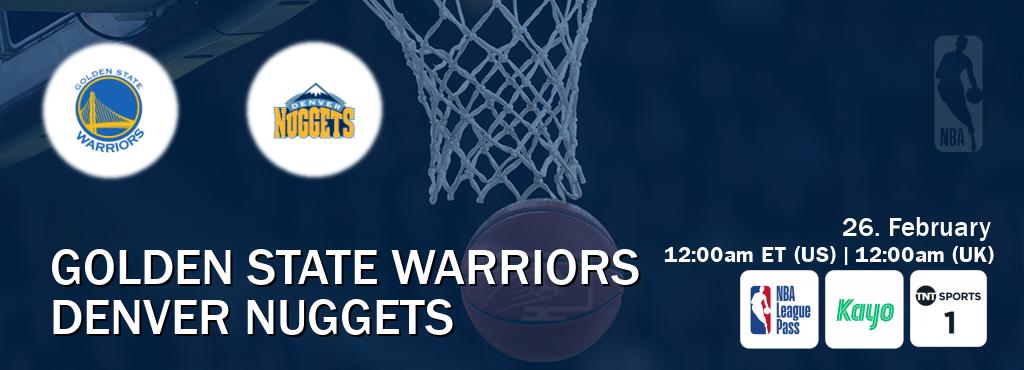 You can watch game live between Golden State Warriors and Denver Nuggets on NBA League Pass, Kayo Sports(AU), TNT Sports 1(UK).