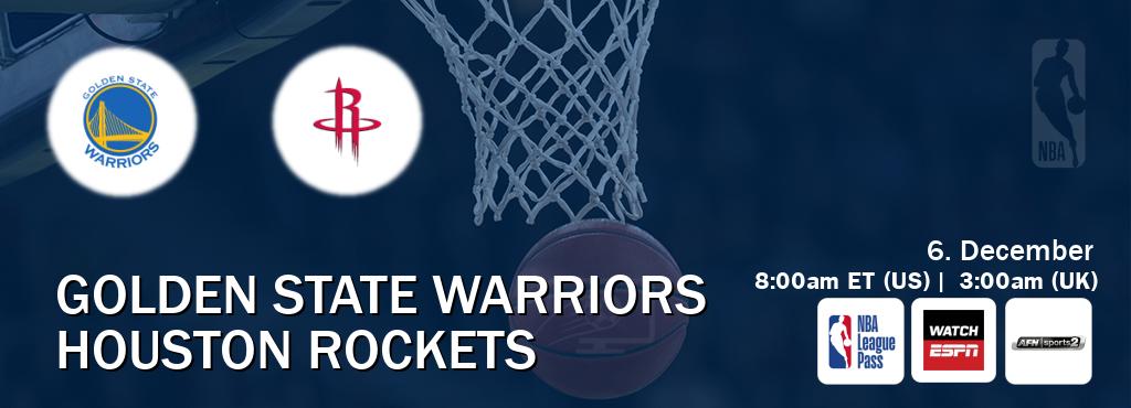 You can watch game live between Golden State Warriors and Houston Rockets on NBA League Pass, WatchESPN(AU), AFN Sports 2(US).