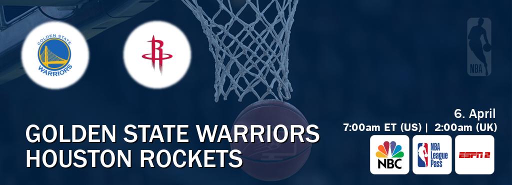 You can watch game live between Golden State Warriors and Houston Rockets on NBC(US), NBA League Pass, ESPN2(AU).