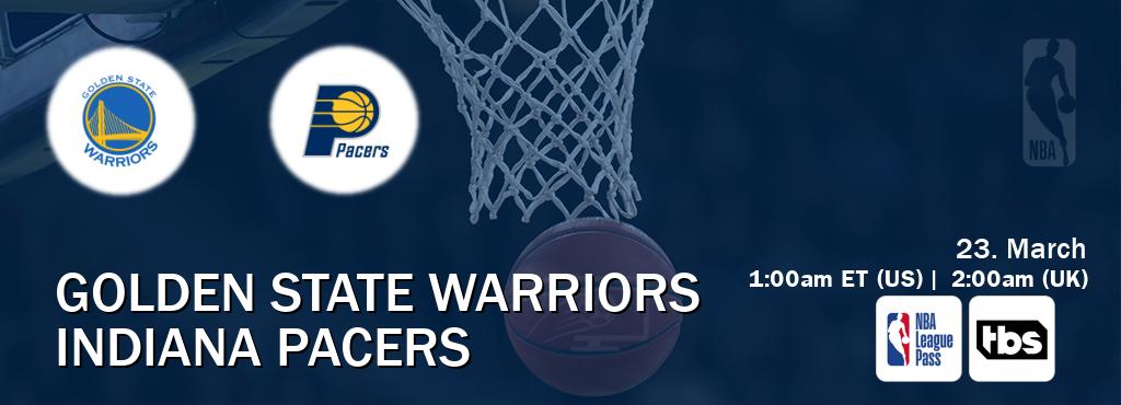 You can watch game live between Golden State Warriors and Indiana Pacers on NBA League Pass and TBS(US).