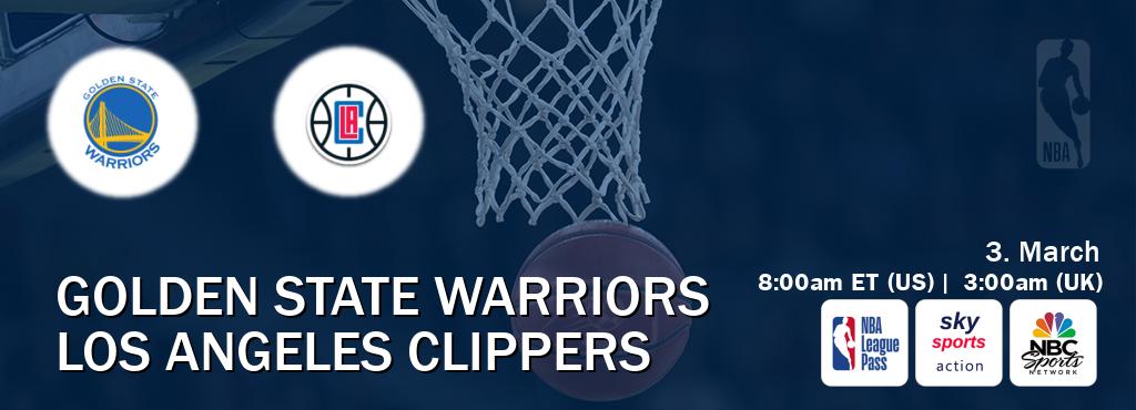 You can watch game live between Golden State Warriors and Los Angeles Clippers on NBA League Pass, Sky Sports Action(UK), NBCS Network(US).