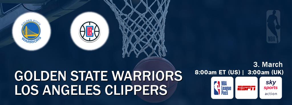 You can watch game live between Golden State Warriors and Los Angeles Clippers on NBA League Pass, ESPN(AU), Sky Sports Action(UK).