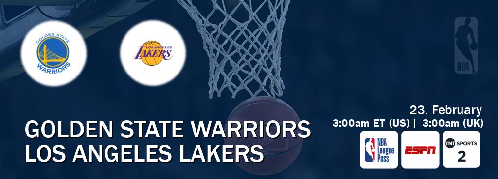 You can watch game live between Golden State Warriors and Los Angeles Lakers on NBA League Pass, ESPN(AU), TNT Sports 2(UK).