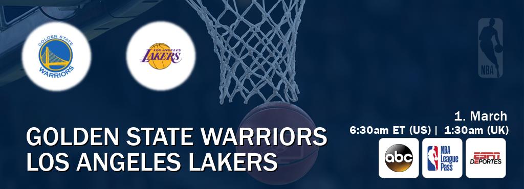 You can watch game live between Golden State Warriors and Los Angeles Lakers on ABC(US), NBA League Pass, ESPN Deportes(US). You can watch game live between Golden State Warriors and Los Angeles Lakers on ABC(US), NBA League Pass, ESPN Deportes(US).